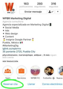 Perfil de instagram con botón de reserva